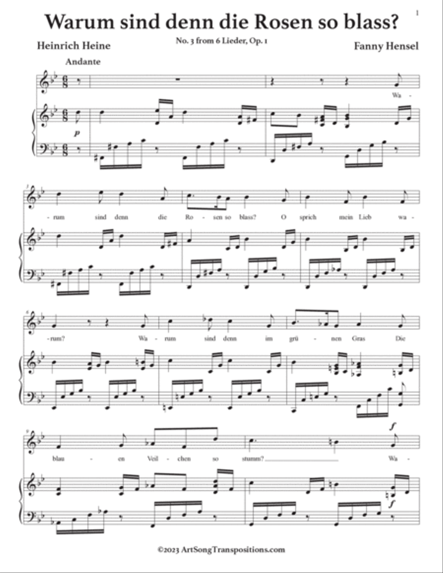 HENSEL: Warum sind denn die Rosen so blass? Op. 1 no. 3 (transposed to G minor) Voice scores gallery preview page 2