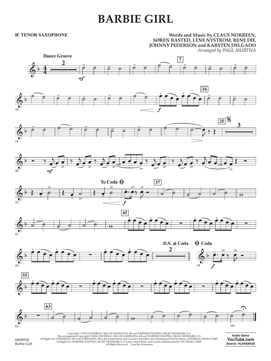 Barbie Girl (arr. Paul Murtha) - Bb Tenor Saxophone Concert Band scores gallery preview page 1