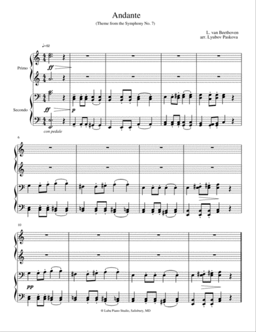 Andante, Theme from Symphony No 7 Easy Piano scores gallery preview page 1