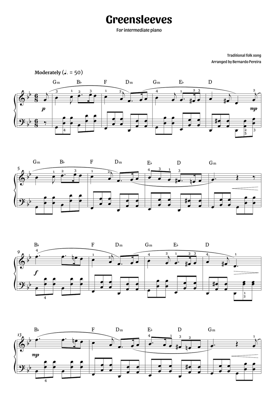 Greensleeves (intermediate piano – G minor) Piano Solo scores gallery preview page 1