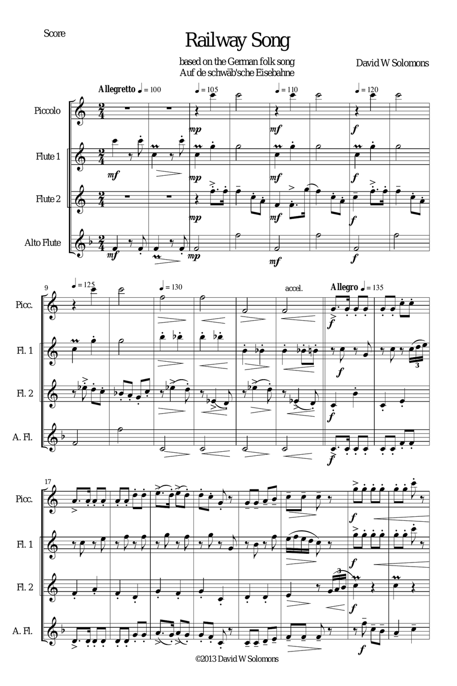 Railway Song (Auf de schwäb'sche Eisebahne) for piccolo, 2 flutes, alto flute Woodwind Quartet scores gallery preview page 1