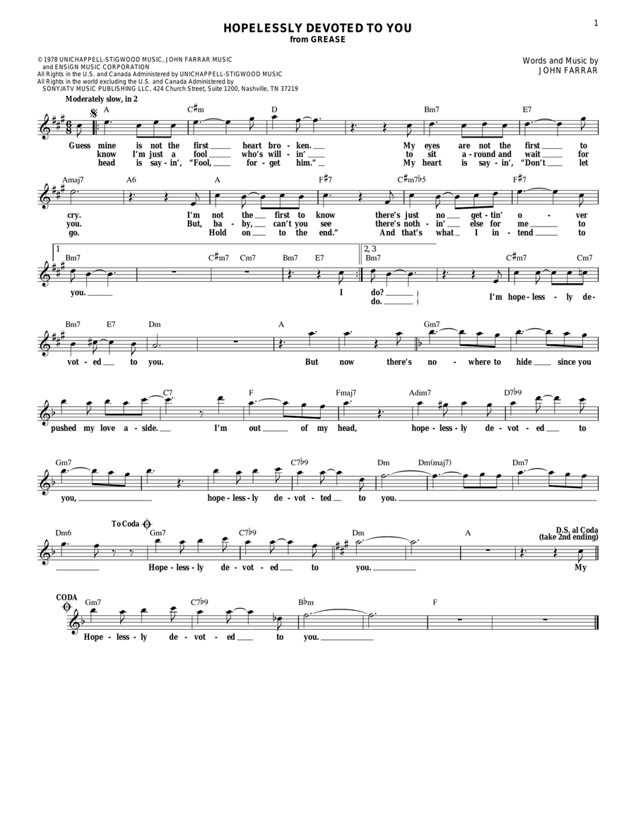 Hopelessly Devoted To You Electric Guitar scores gallery preview page 1
