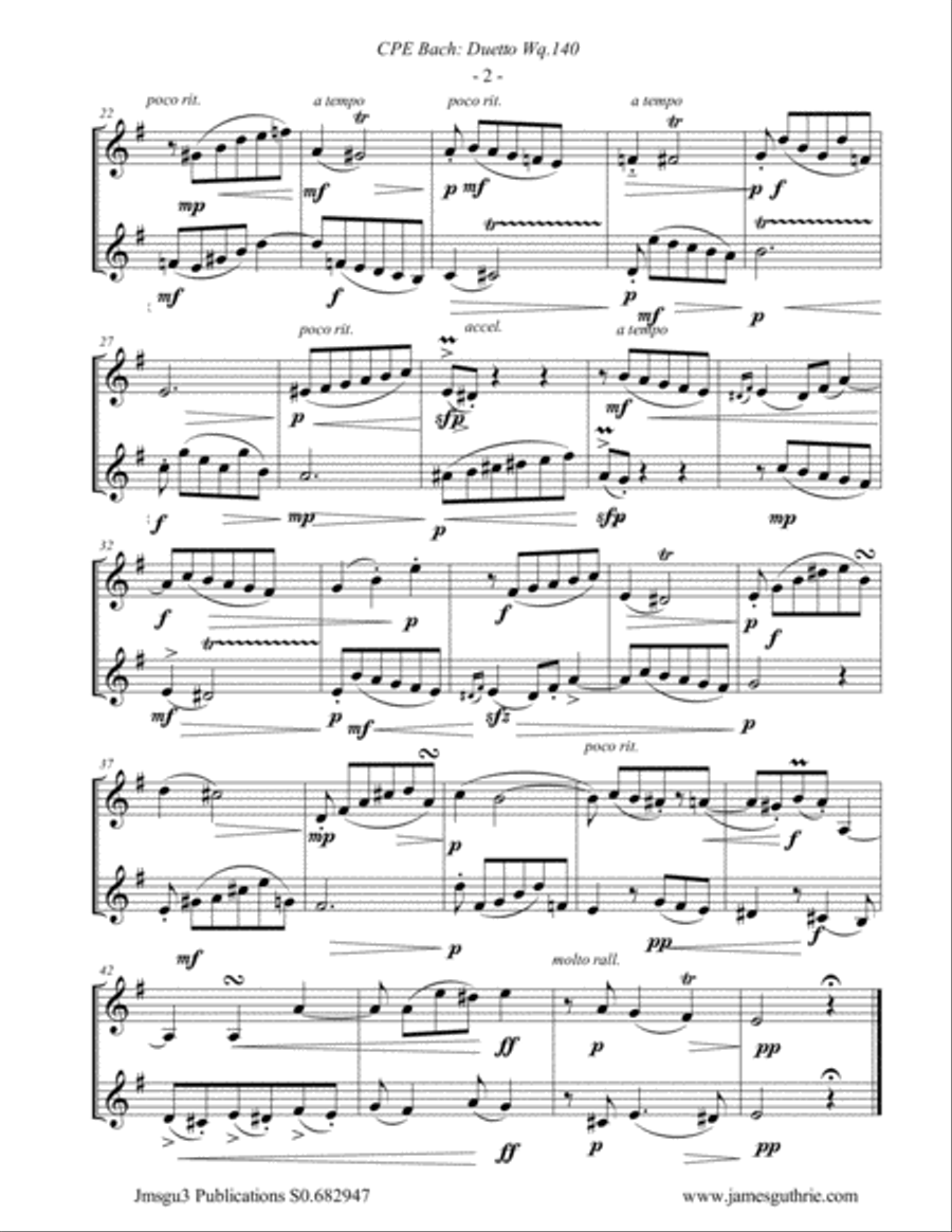 CPE Bach: Duetto Wq. 140 for Trumpet & Baritone Horn Brass Duet scores gallery preview page 2
