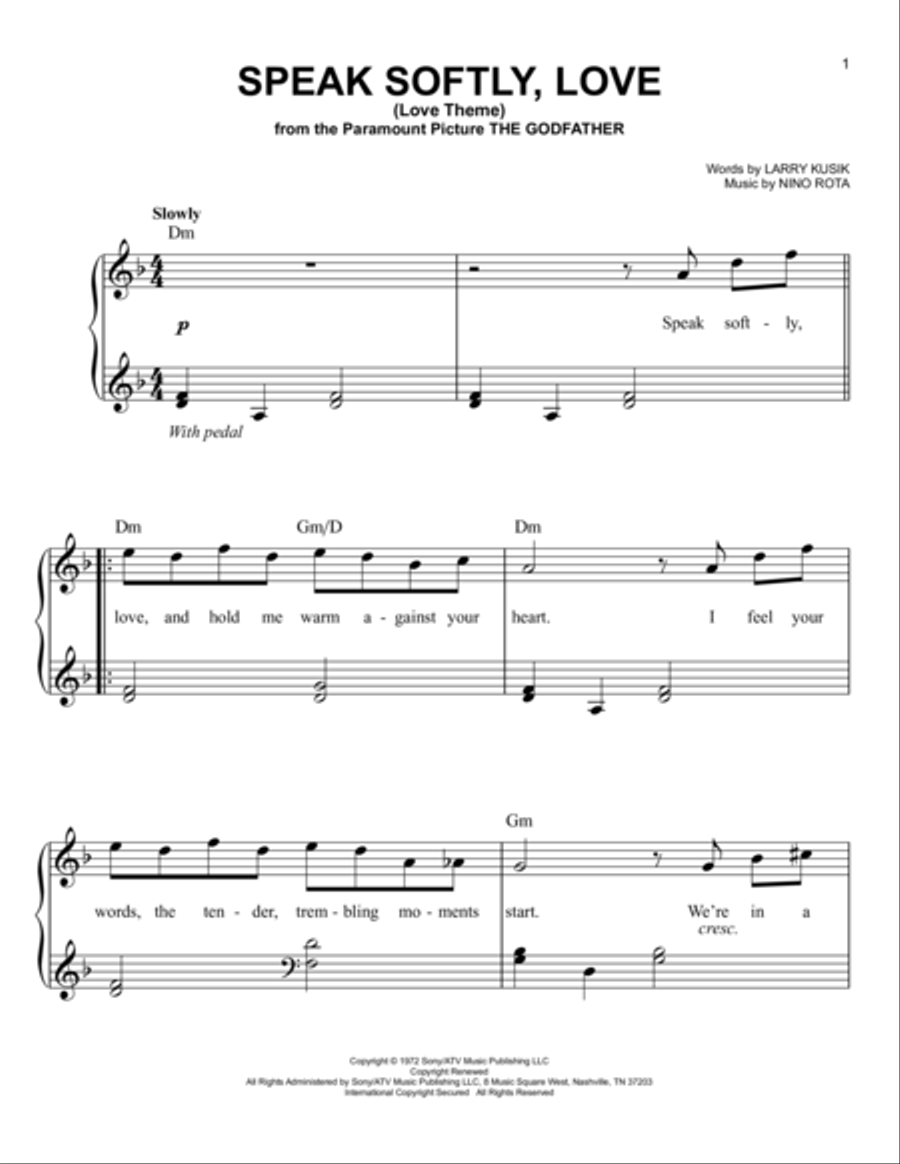 Speak Softly, Love (Love Theme) Easy Piano scores gallery preview page 1