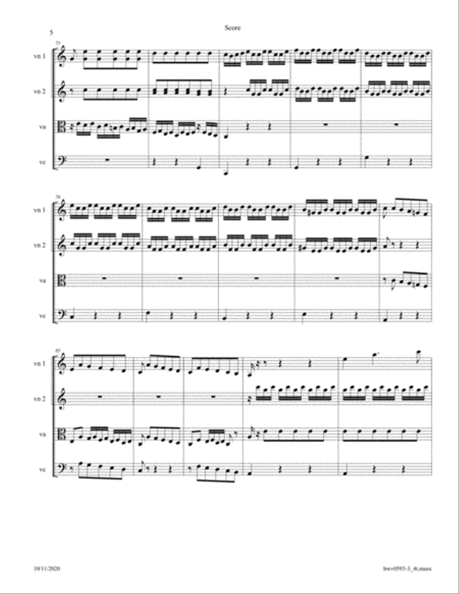 Bach: Concerto in A minor BWV 593-3 after Vivaldi, Mvt 3 arr. for StringQuatetrte String Quartet scores gallery preview page 5
