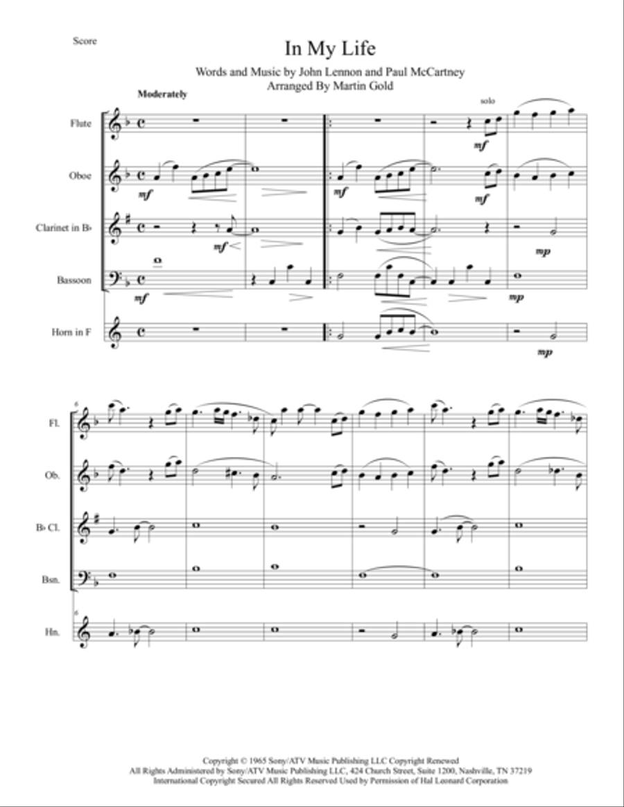 In My Life In My Life Woodwind Quintet scores gallery preview page 1