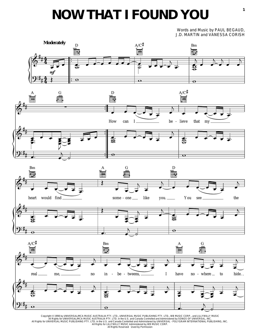 Now That I Found You Piano, Vocal, Guitar scores gallery preview page 1