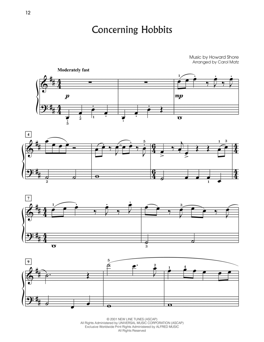Concerning Hobbits (from The Lord Of The Rings: The Fellowship Of The Ring) (arr. Carol Matz) Easy Piano scores gallery preview page 1