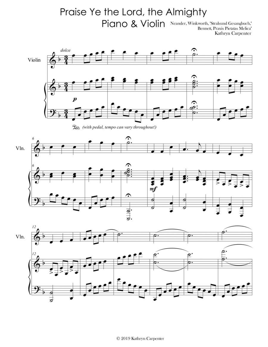 Praise Ye the Lord, the Almighty (Advanced Piano & Violin)