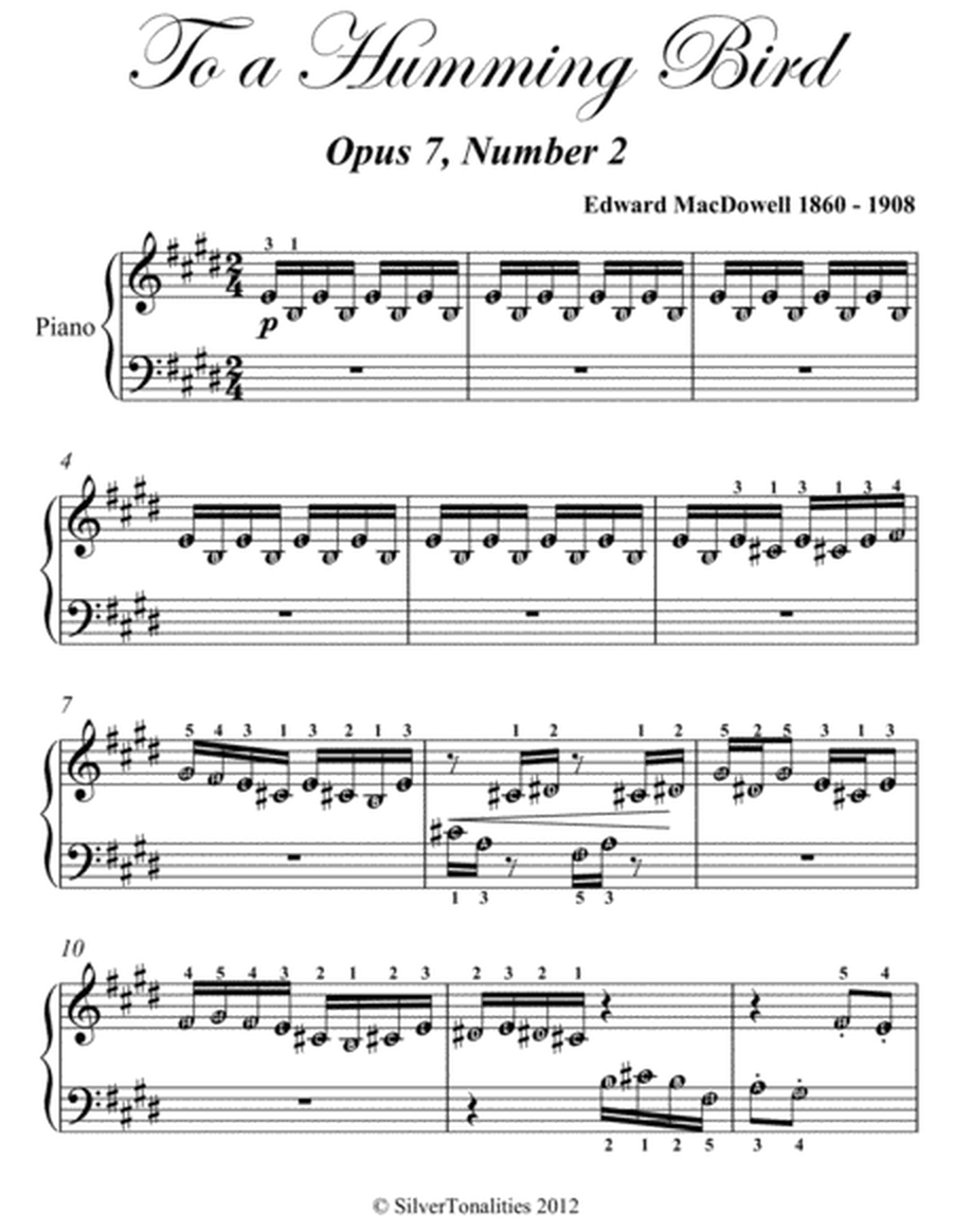 To a Humming Bird Opus 7 Number 2 Beginner Piano Sheet Music