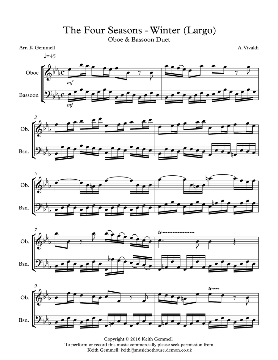 Winter - Four Seasons (Largo): Oboe & Bassoon Duet Woodwind Duet scores gallery preview page 1