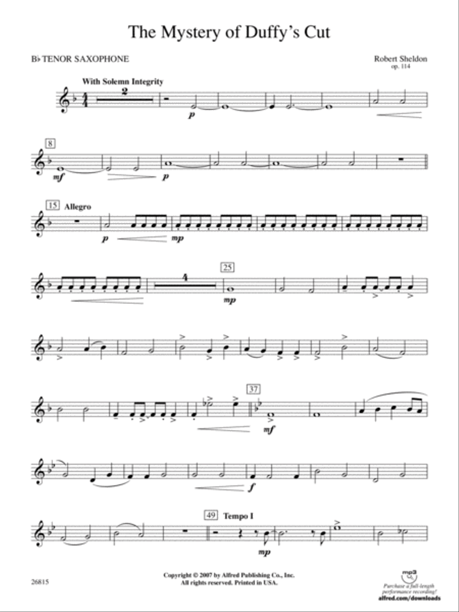 The Mystery of Duffy's Cut: B-flat Tenor Saxophone Concert Band scores gallery preview page 1