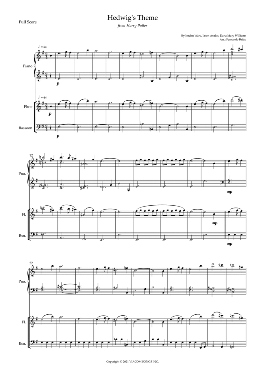 Hedwig's Theme (from Harry Potter) for Flute & Basson Duo and Piano Accompaniment image number null