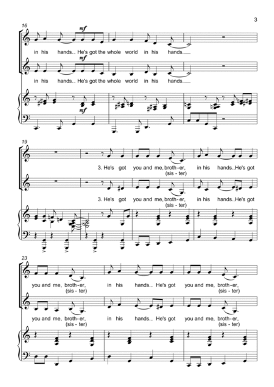 He's got the whole world in His hands - 2 part choir - SA - Upper Voices SA scores gallery preview page 3