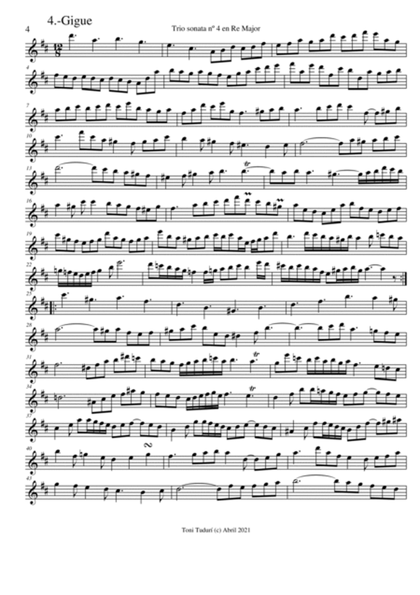 Trio sonata nº4 in D Major for flute, violin & cello or 2 violins & cello and basso continuo (PARTS image number null