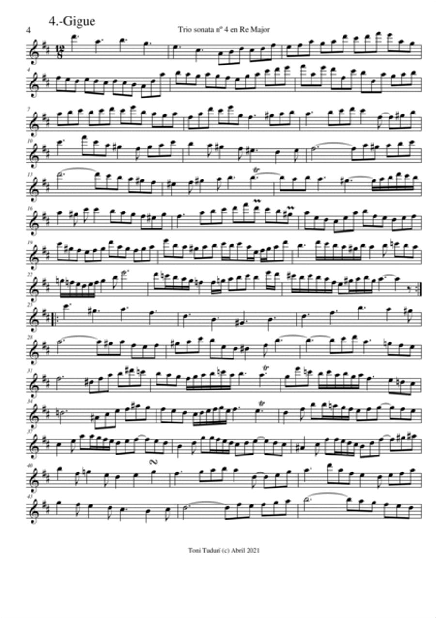 Trio sonata nº4 in D Major for flute, violin & cello or 2 violins & cello and basso continuo (PARTS Small Ensemble scores gallery preview page 4