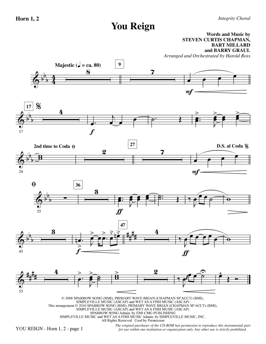 You Reign - Horn 1 & 2 You Reign - Horn 1 & 2 Choir scores gallery preview page 1
