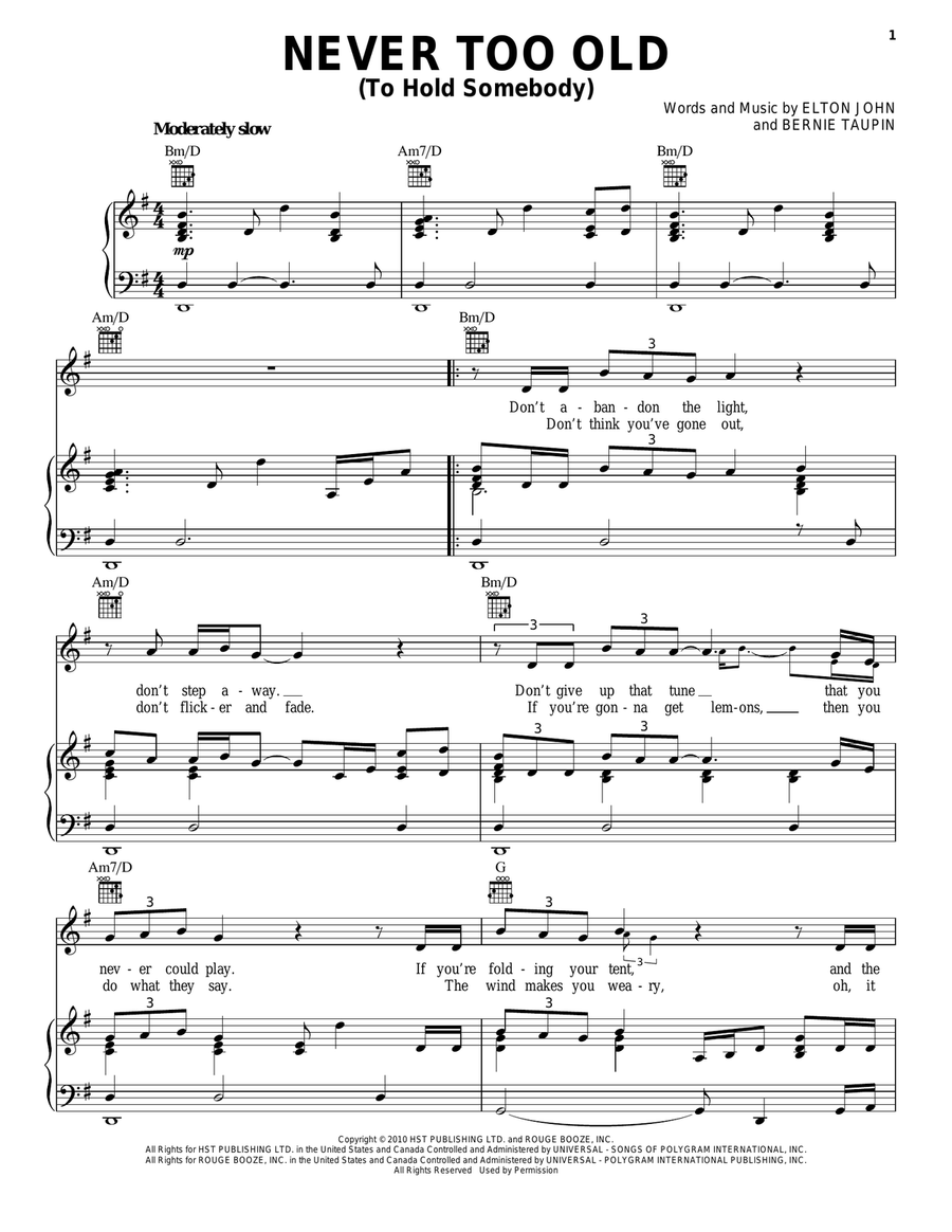 Never Too Old (To Hold Somebody) Piano, Vocal, Guitar scores gallery preview page 1
