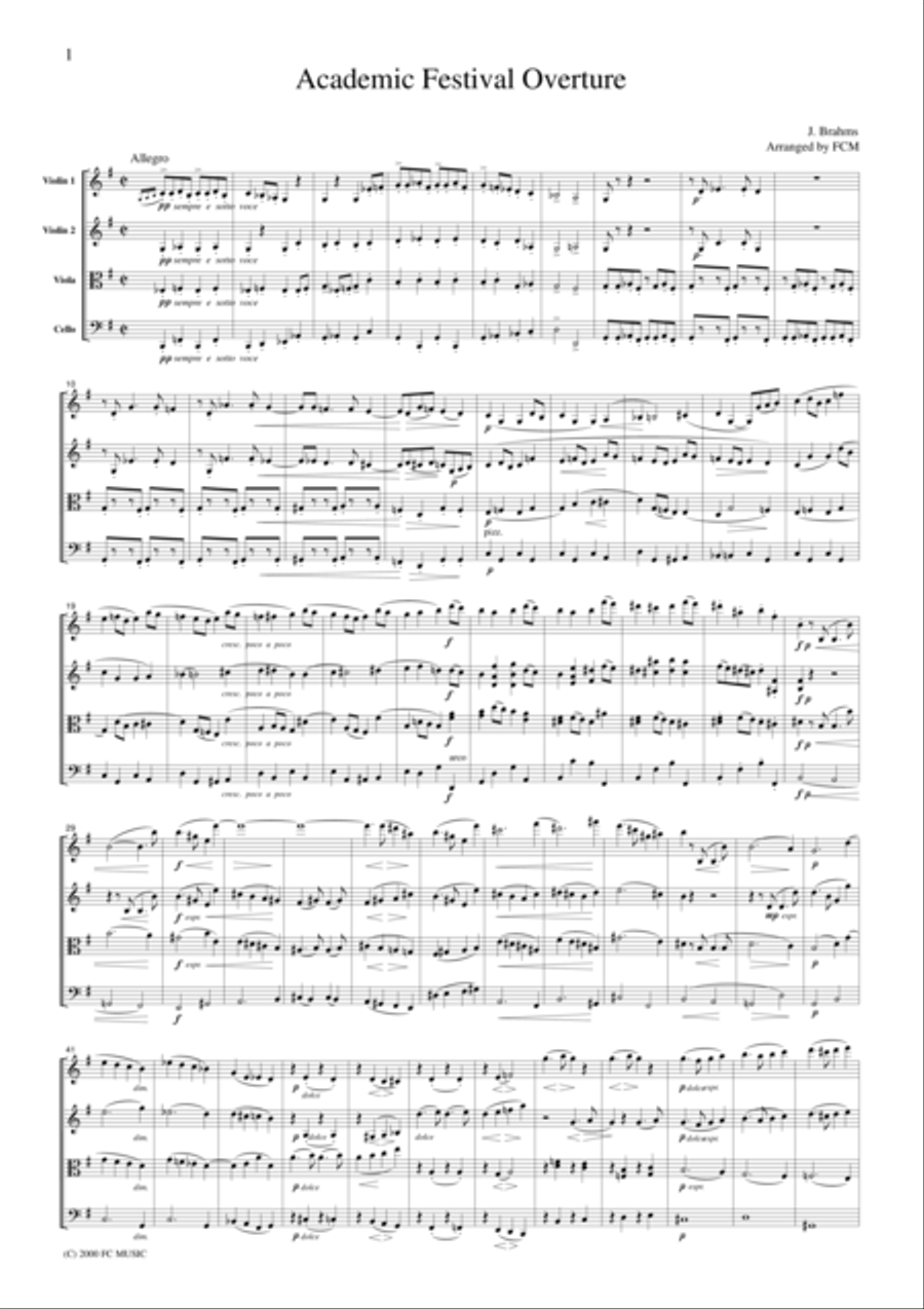 Brahms Academic Festival Overture, for string quartet, CB301 String Quartet scores gallery preview page 1