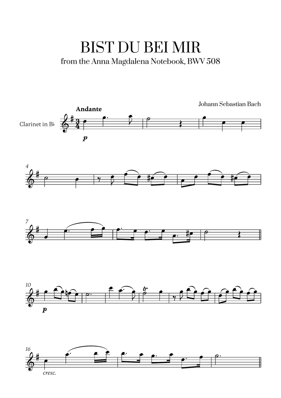 Johann Sebastian Bach - Bist du bei Mir (BWV 508) (F major) for Clarinet in Bb Solo