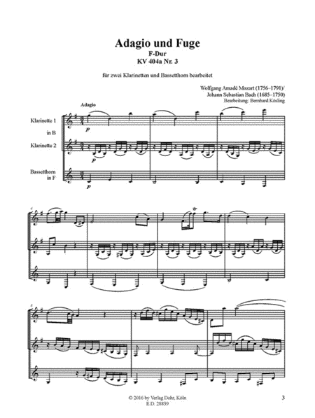 Adagio und Fuge F-Dur KV 404a Nr. 3 (für Klarinette und zwei Bassetthörner) (Fuge nach Johann Sebastian Bach)