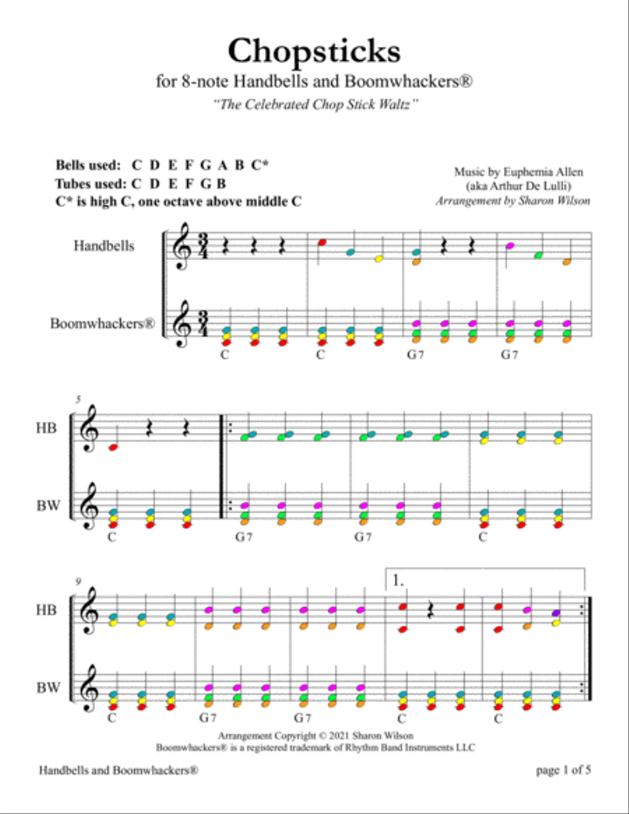 CHOPSTICKS: The Celebrated Chop Stick Waltz for 13-note Bells and Boomwhackers (Color Coded Notes) Handbell Choir scores gallery preview page 5
