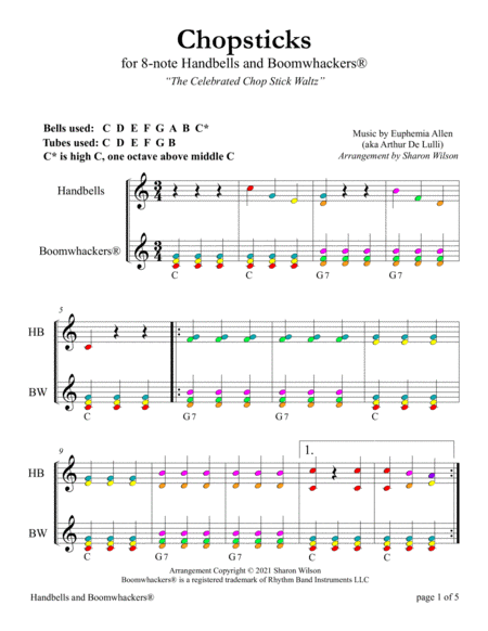 CHOPSTICKS: The Celebrated Chop Stick Waltz for 13-note Bells and Boomwhackers (Color Coded Notes) by Sharon Wilson Handbell Choir - Digital Sheet Music