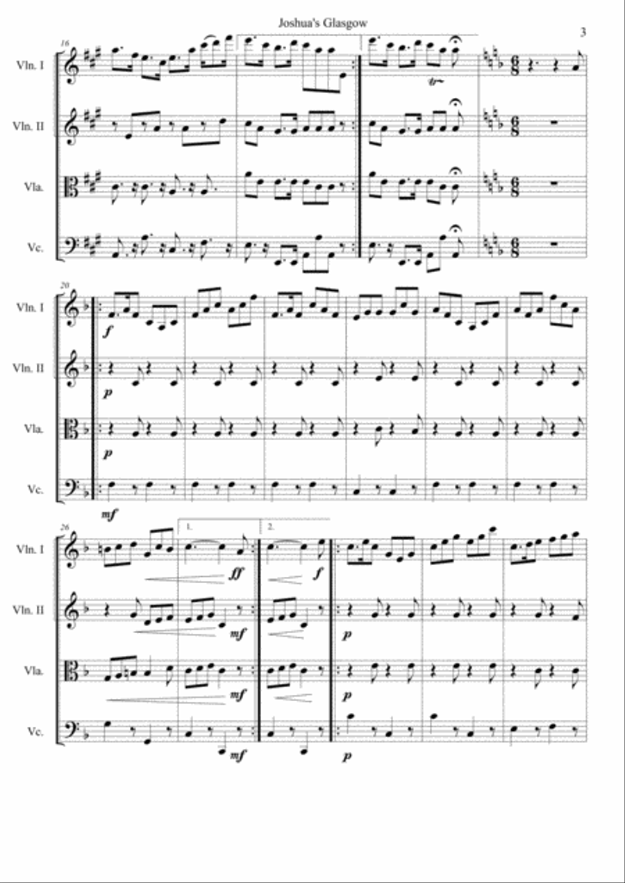 Joshua's Glasgow: a suite of seven pieces for string quartet by Scottish Georgian composer Joshua Ca String Quartet scores gallery preview page 3