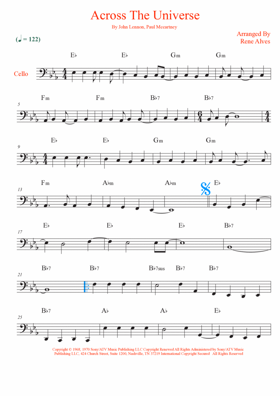 Across The Universe Cello Solo scores gallery preview page 1