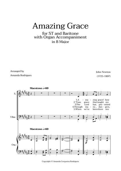 Amazing Grace in B Major - Soprano, Tenor and Baritone with Organ Accompaniment image number null