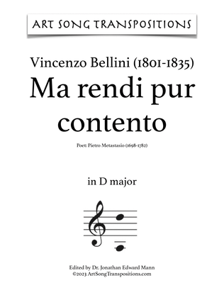Book cover for BELLINI: Ma rendi pur contento (transposed to D major)