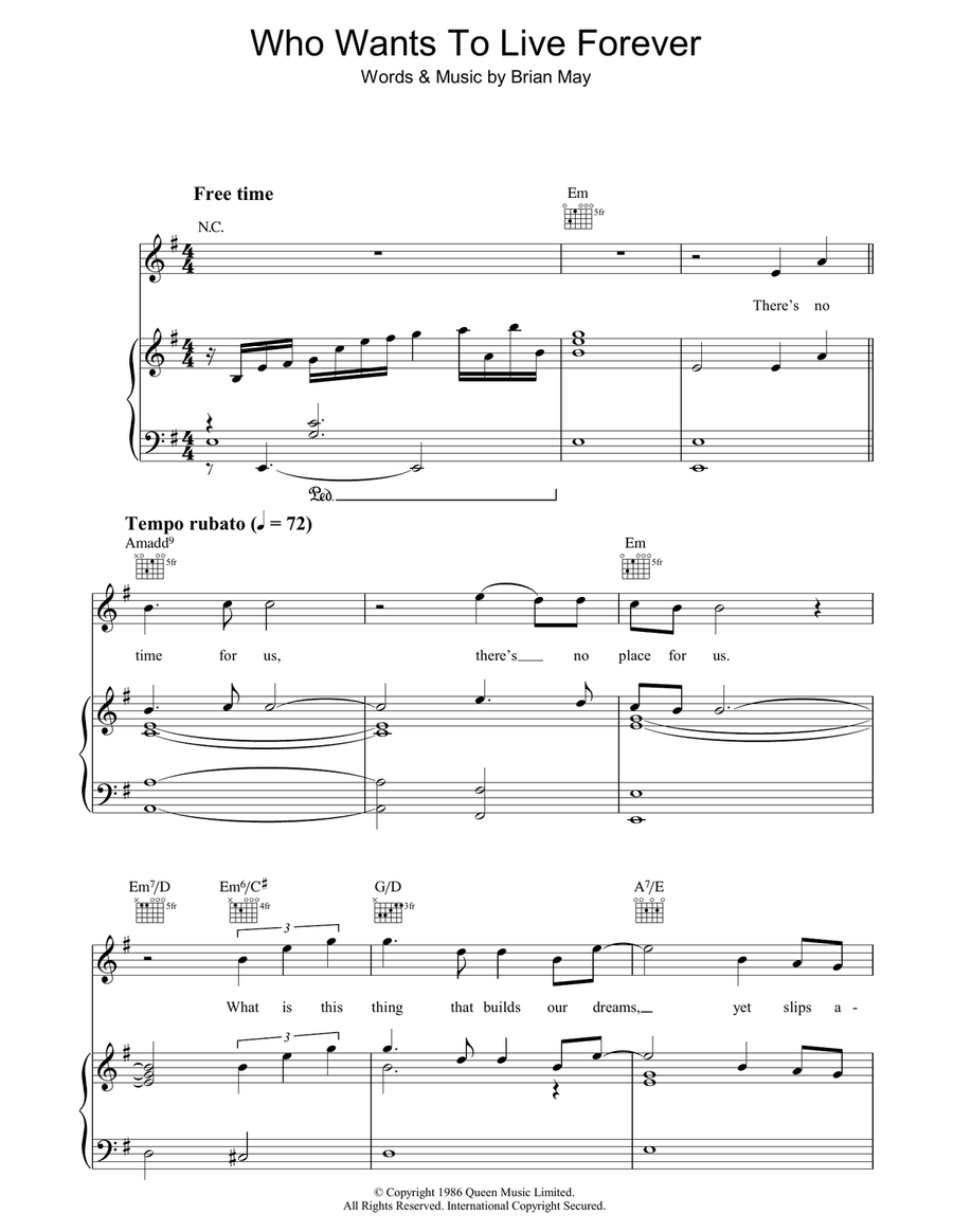 Who Wants To Live Forever? Piano, Vocal, Guitar scores gallery preview page 1