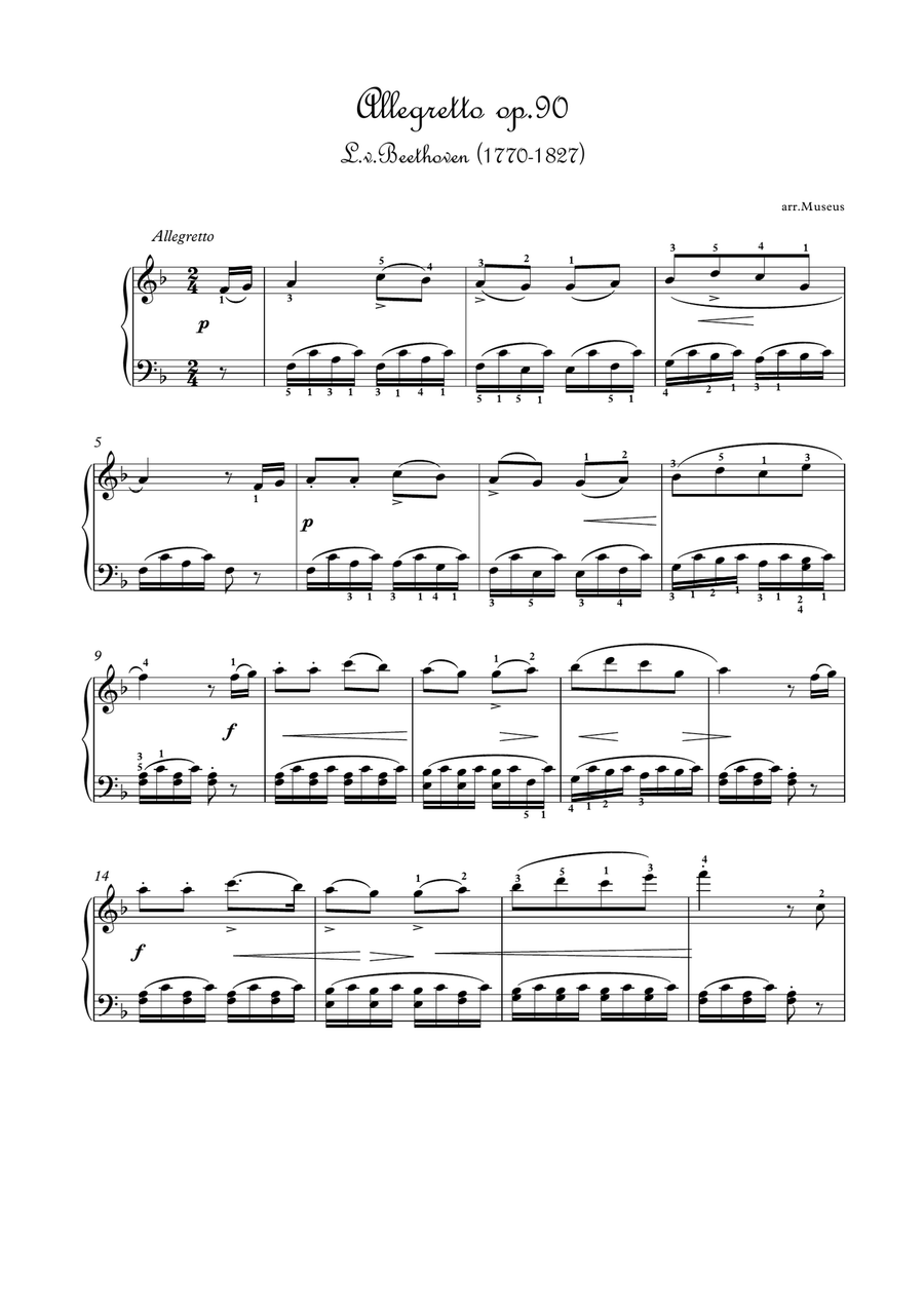 Allegretto op90 by Beethoven for easy piano Easy Piano scores gallery preview page 1