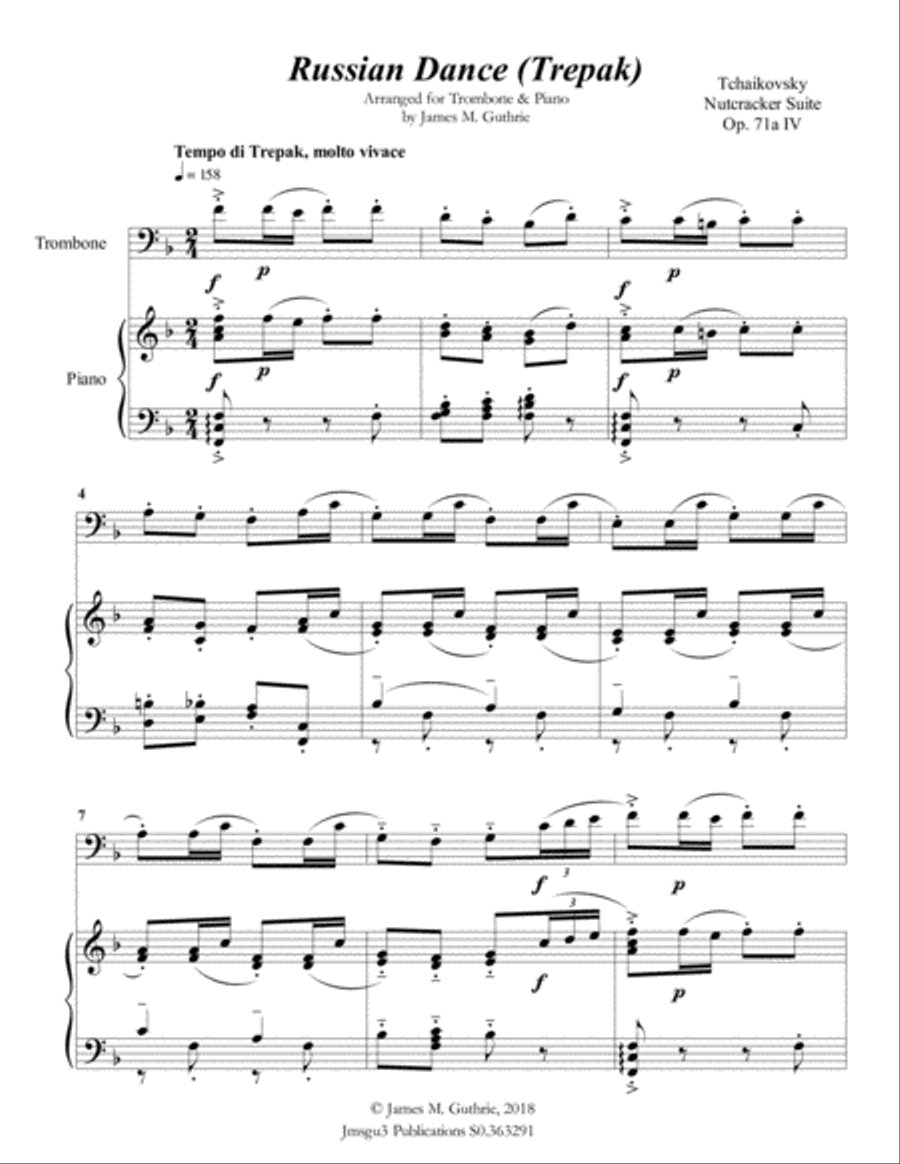 Tchaikovsky: Russian Dance from Nutcracker Suite for Trombone & Piano Piano scores gallery preview page 2