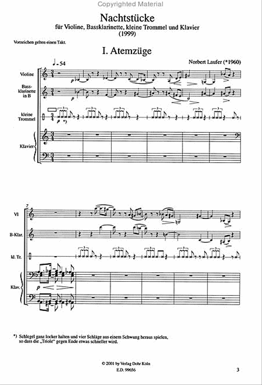 Nachtstücke für Violine, Bassklarinette, kleine Trommel und Klavier (1999) Clarinet scores gallery preview page 2