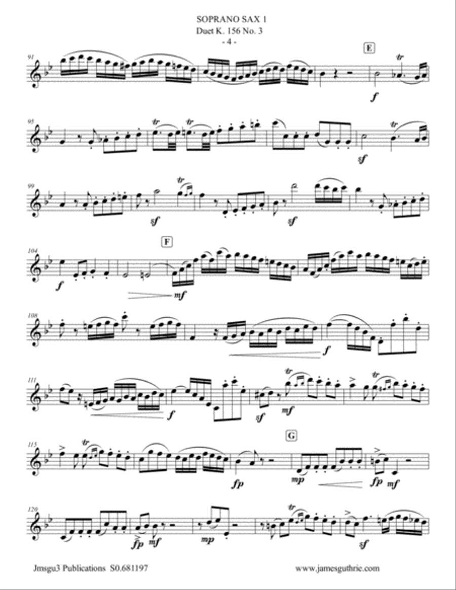Mozart: 3 Duets K. 156 Complete for Soprano Sax Duo Woodwind Duet scores gallery preview page 4
