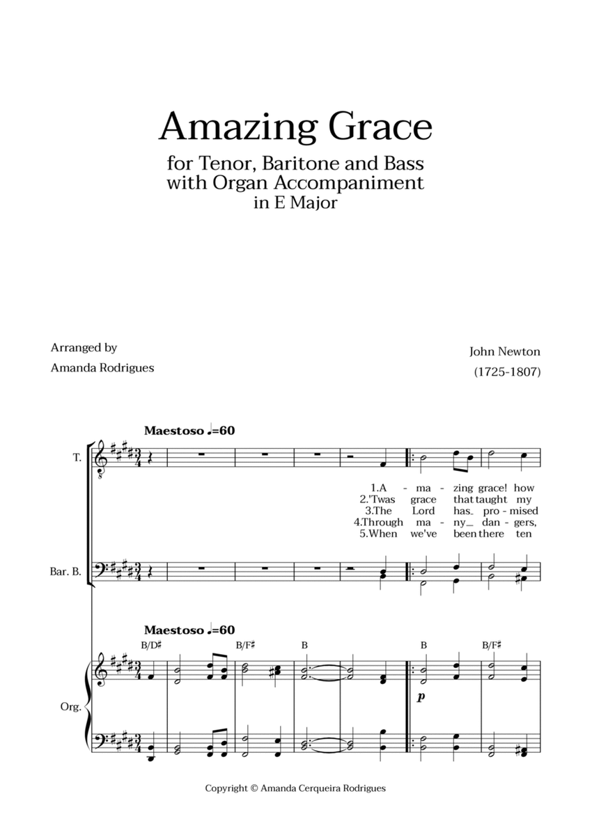 Amazing Grace in E Major - Tenor, Bass and Baritone with Organ Accompaniment and Chords image number null
