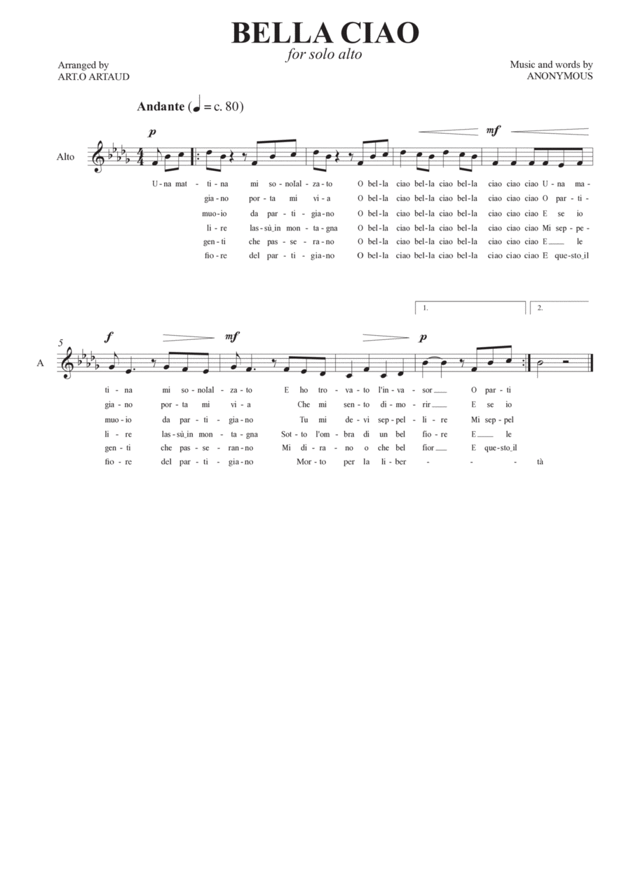 Bella Ciao Alto Voice scores gallery preview page 1