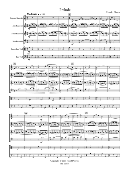 Prelude for Four Recorders and Two Viols (score and part set)