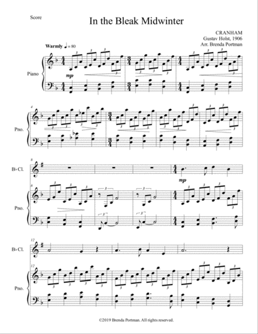 In the Bleak Midwinter (clarinet/piano), arr. Brenda Portman Clarinet Solo scores gallery preview page 1