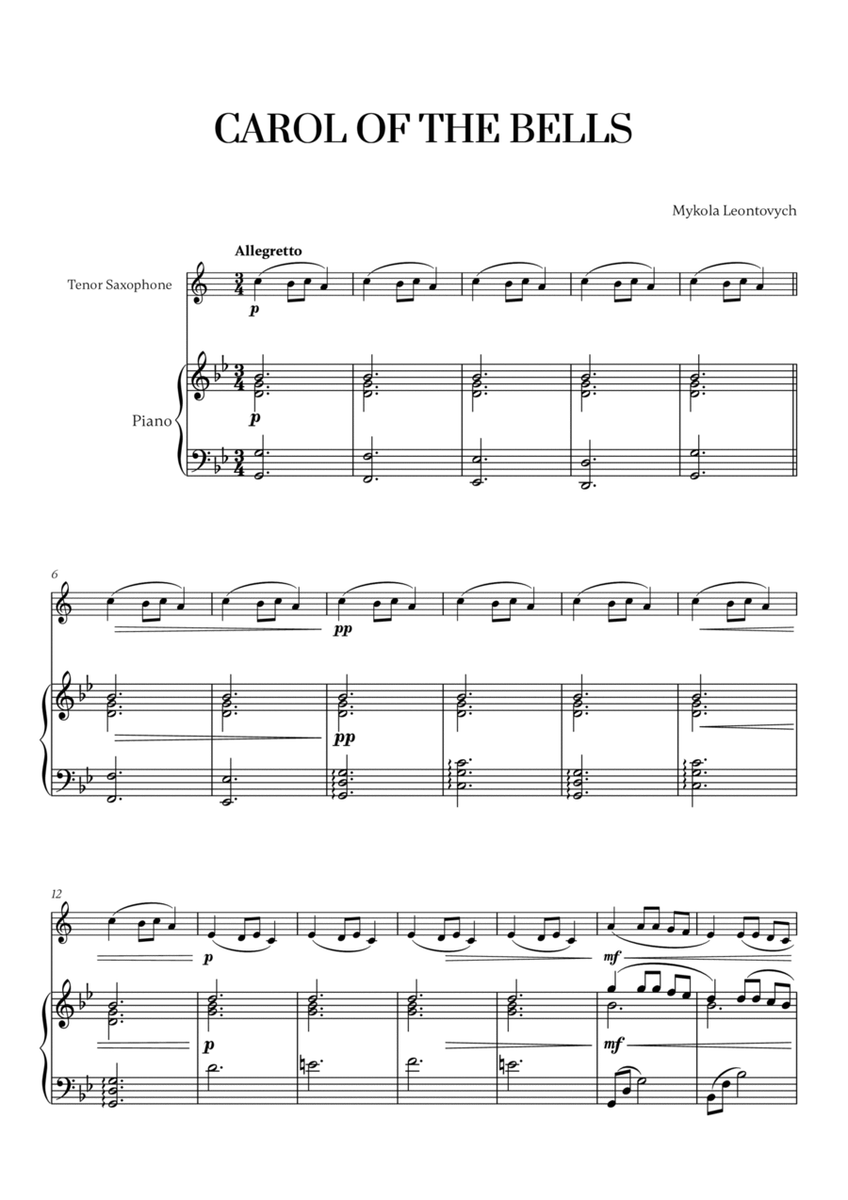 Carol of the Bells (Very Easy/Beginner) (for Tenor Saxophone and Piano) image number null