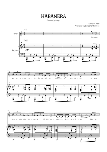 Bizet • Habanera from Carmen in A minor [Am] | tenor sheet music with piano accompaniment image number null