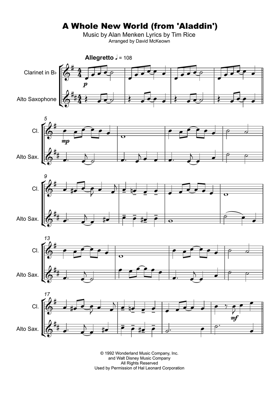 A Whole New World (from 'Aladdin') Woodwind Duet scores gallery preview page 2