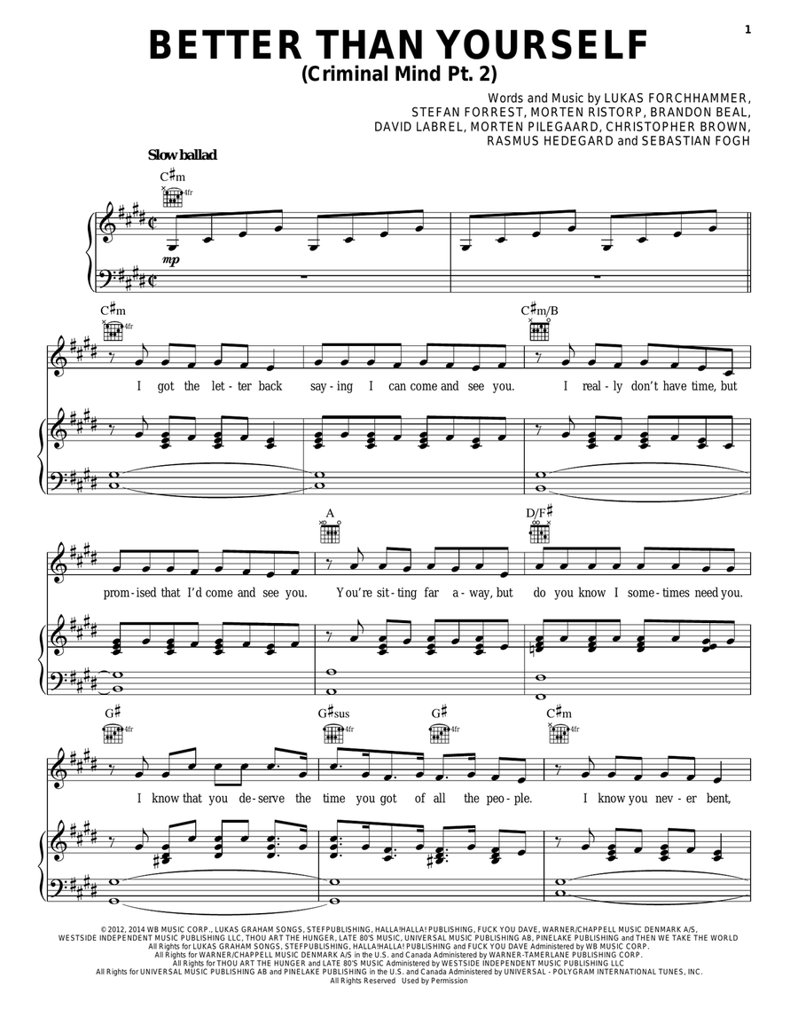 Better Than Yourself (Criminal Mind Part 2) Piano, Vocal, Guitar scores gallery preview page 1