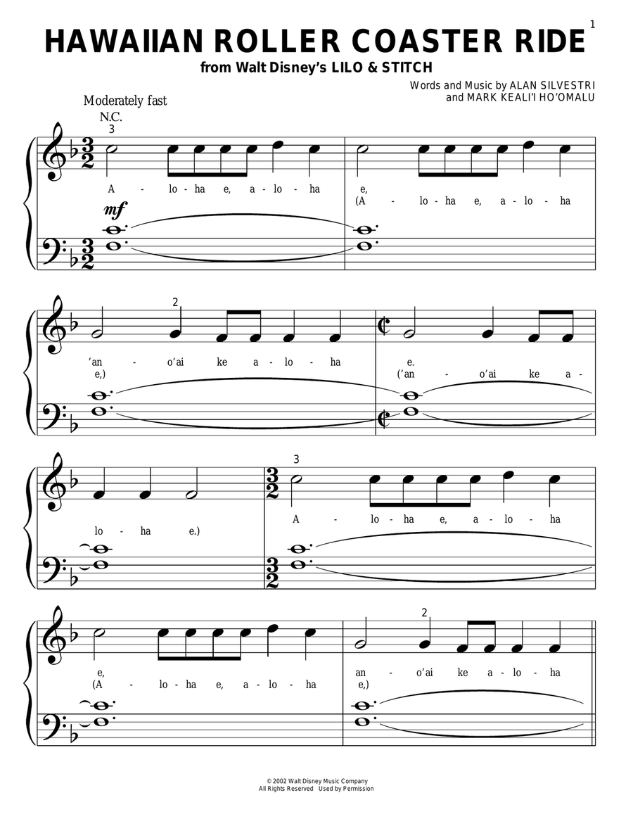 Hawaiian Roller Coaster Ride (from Lilo & Stitch) Easy Piano scores gallery preview page 1