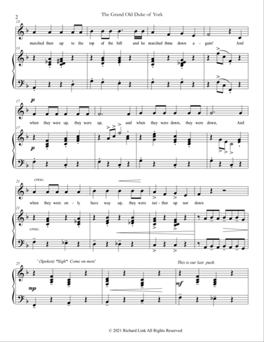 The Grand Old Duke of York (a 'dramatic' arrangement suitable for young voices) Children's Choir scores gallery preview page 2