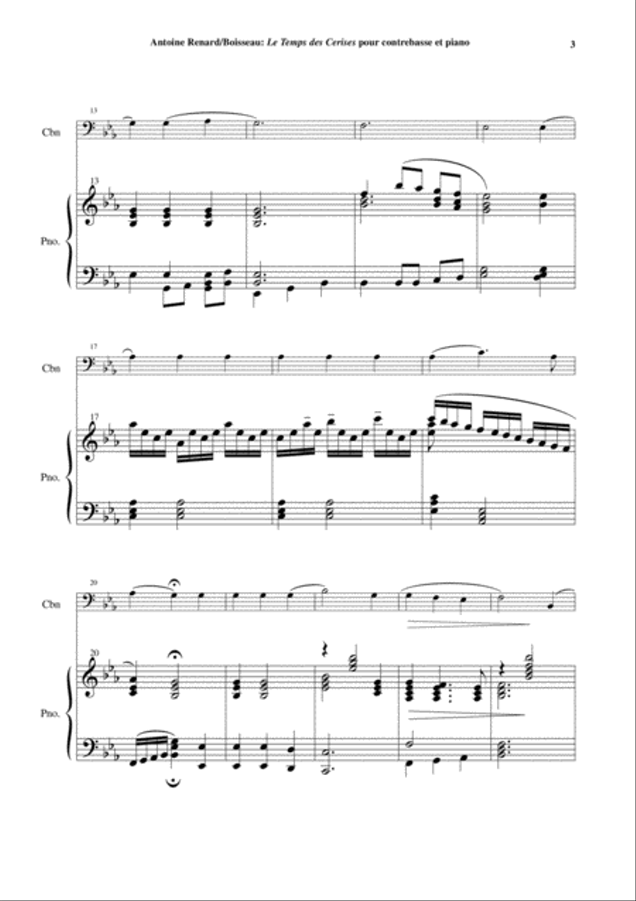 Antoine Renard: Le Temps des Cerises, arranged for contrabass and piano Double Bass scores gallery preview page 3