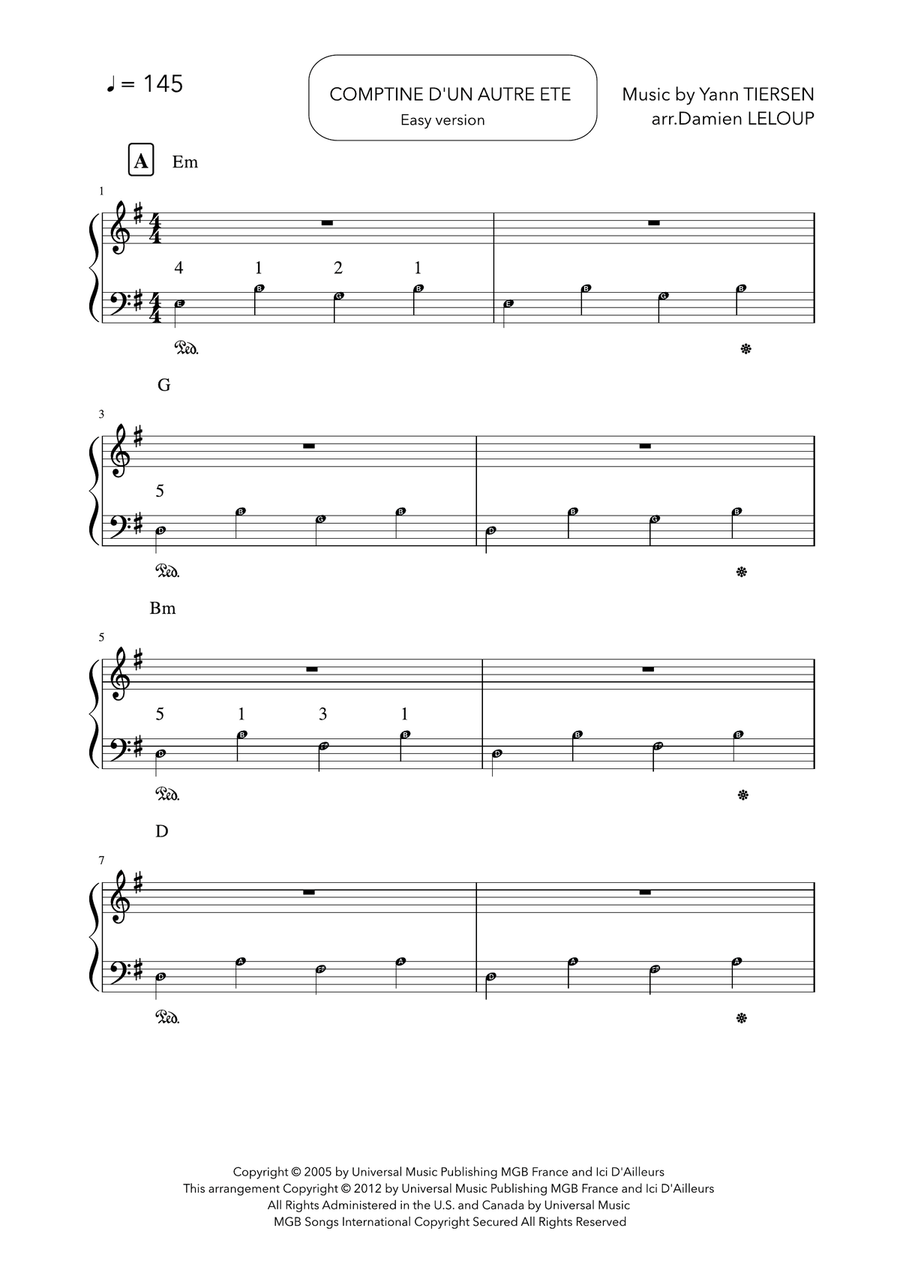 Comptine D'un Autre Été: L'après-midi Easy Piano scores gallery preview page 1
