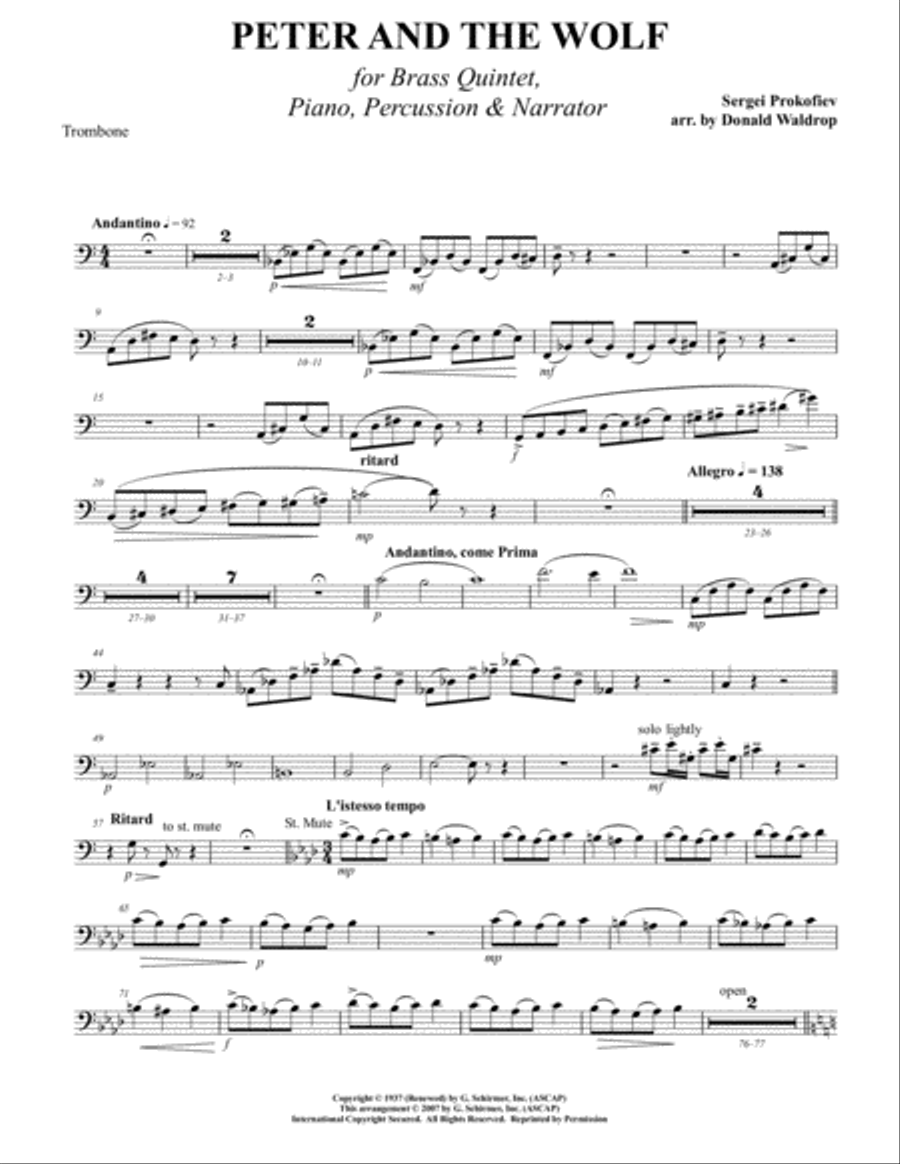 Peter and the Wolf for Brass Quintet, Piano, Percussion and Narrator image number null