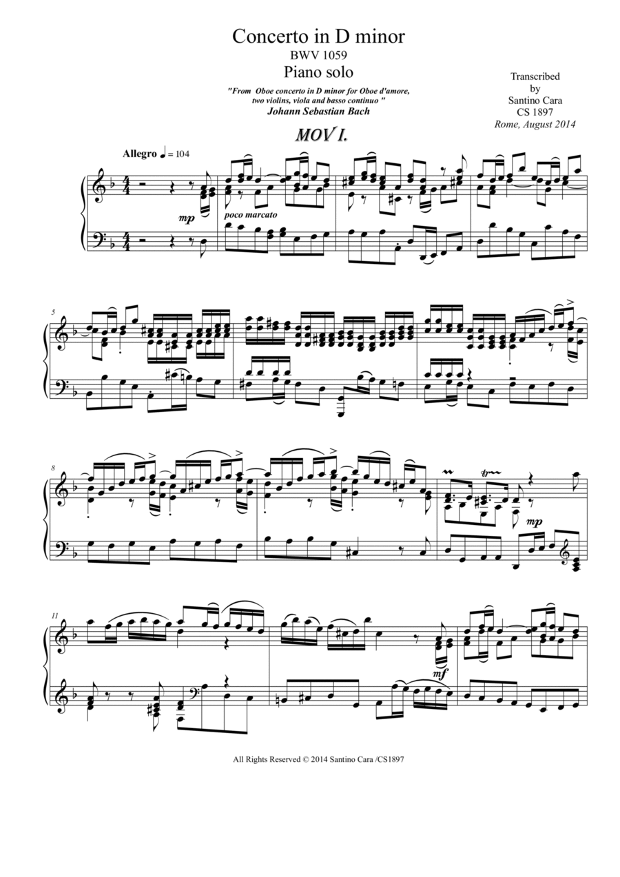 J.S.Bach - Oboe concerto in D minor BWV1059 - Complete piano version Piano Solo scores gallery preview page 1